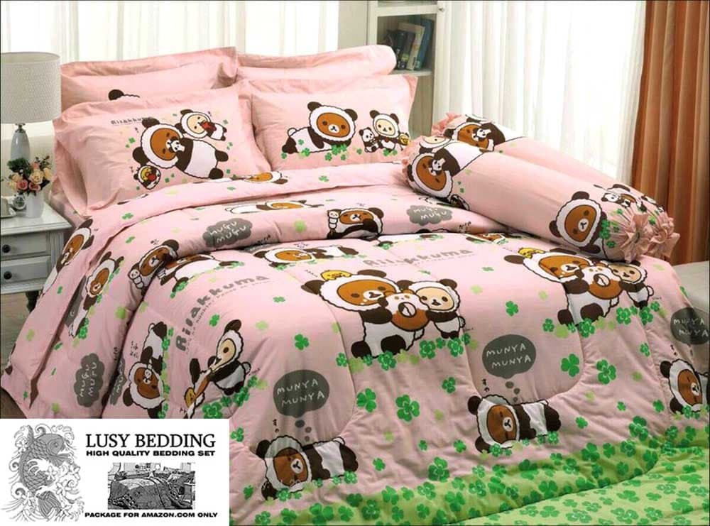 Rilakkuma Official Licensed Bed Sheet Set, Fitted Bed Sheet, Pillow Case, Bolster Case (Not Included Comforter) RK008 Set C (KING 72"x78") with "Lusy Bedding" Label