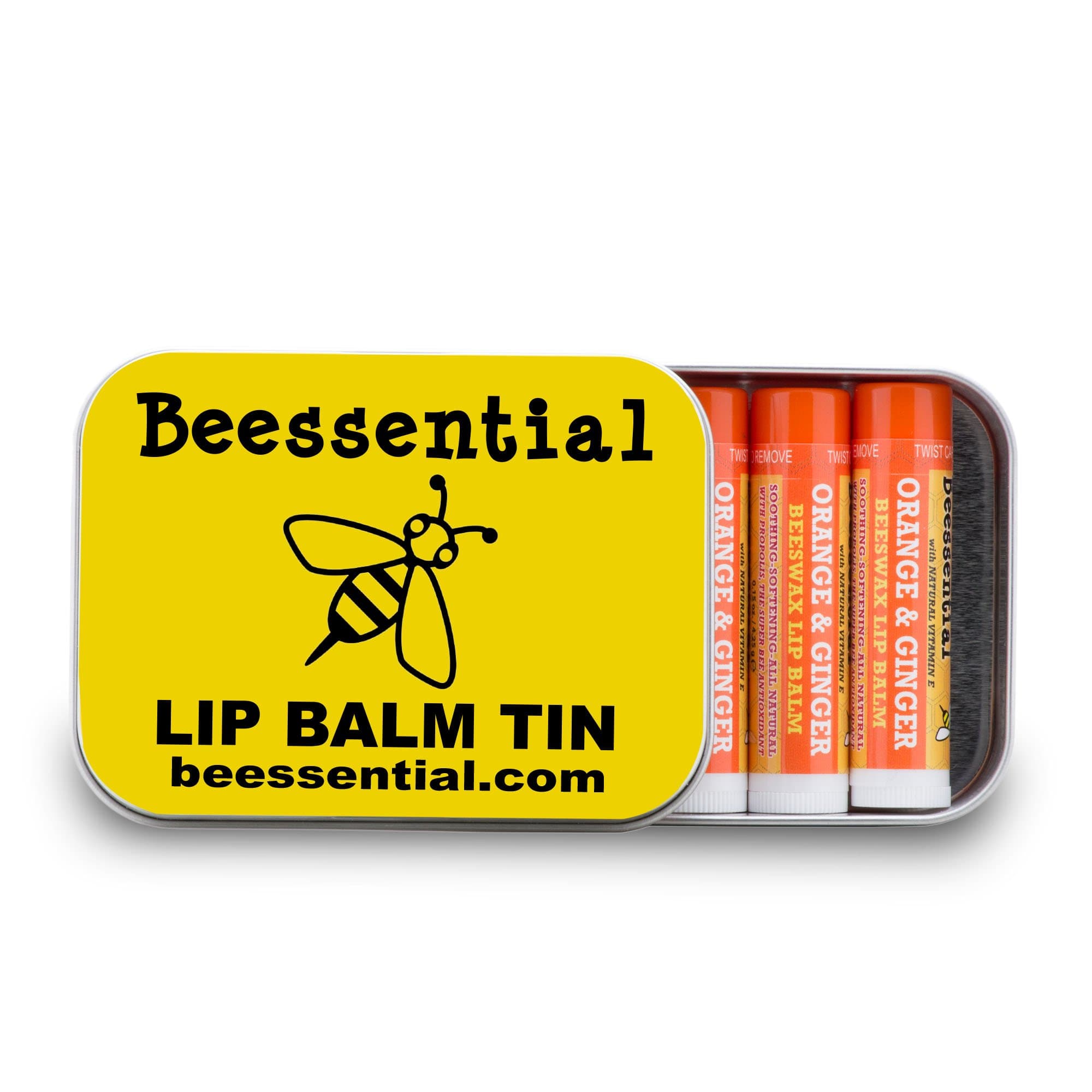 Beesential Orange Ginger Lip Balm Tin (5-Pack) Heals and Prevents Dry and Chapped Lips – Great for Men, Women, and Children – Moisturizing Beeswax, Coconut, Shea and Cupuacu Butter