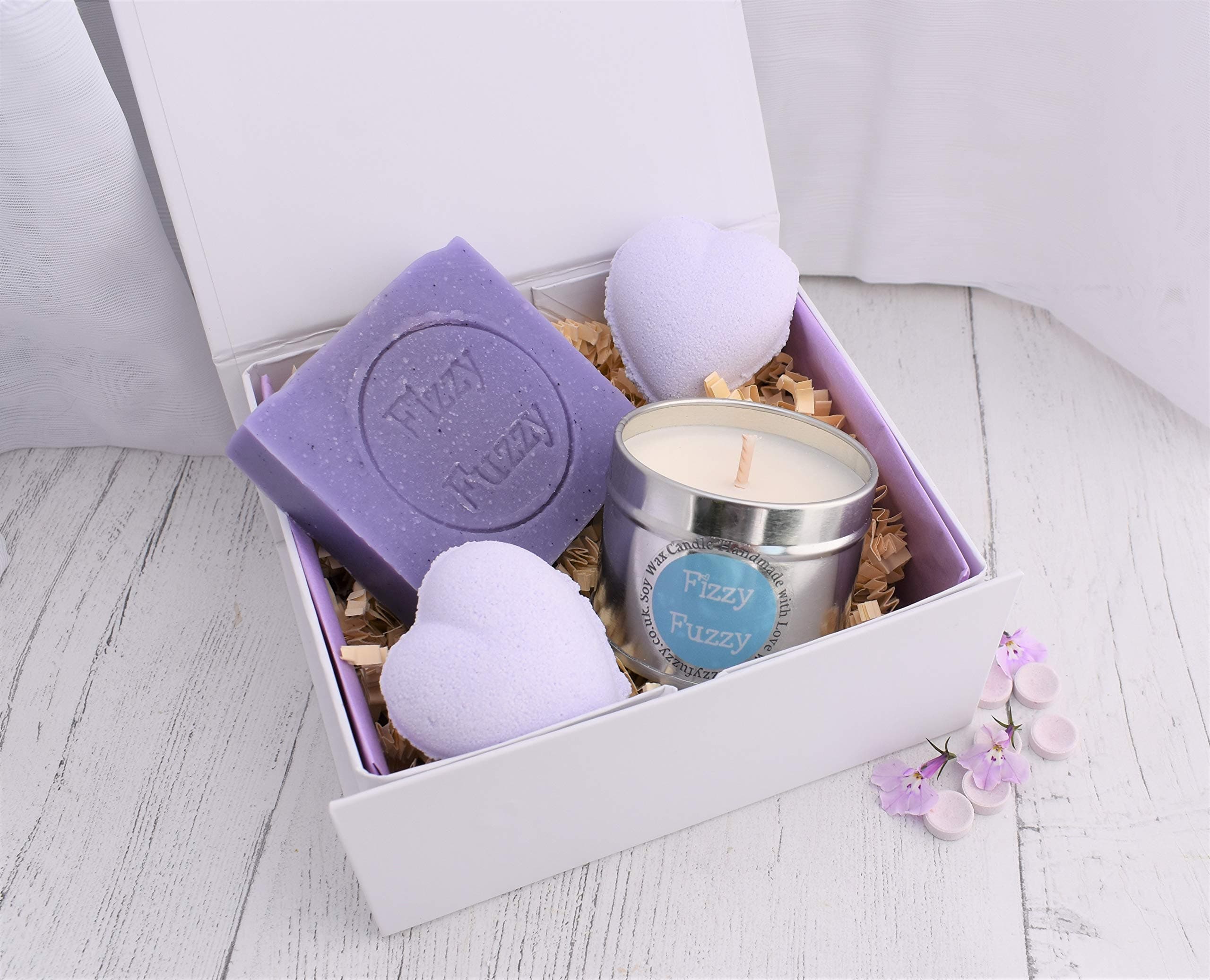Parma Violet Gift Spa Pamper Set. Bath Bombs, Soap, Candle. Handmade by Fizzy Fuzzy.
