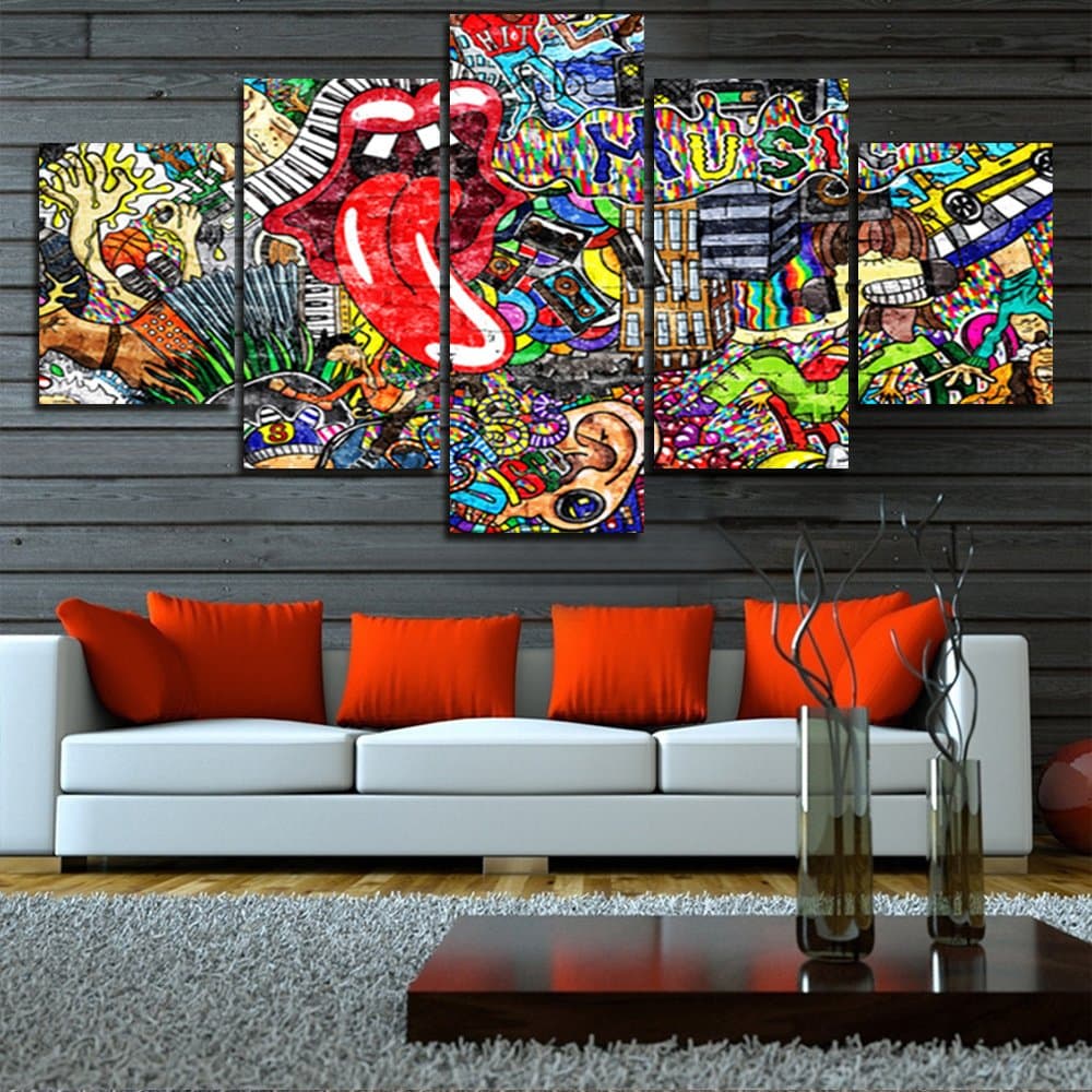 Native American Decor Music Collage on Large Brick 5 Panel Canvas Wall Art Colorful Graffiti Paintings Pictures Home Decor for Living Room Modern Artwork Posters and Prints Framed Ready to Hang(60''Wx