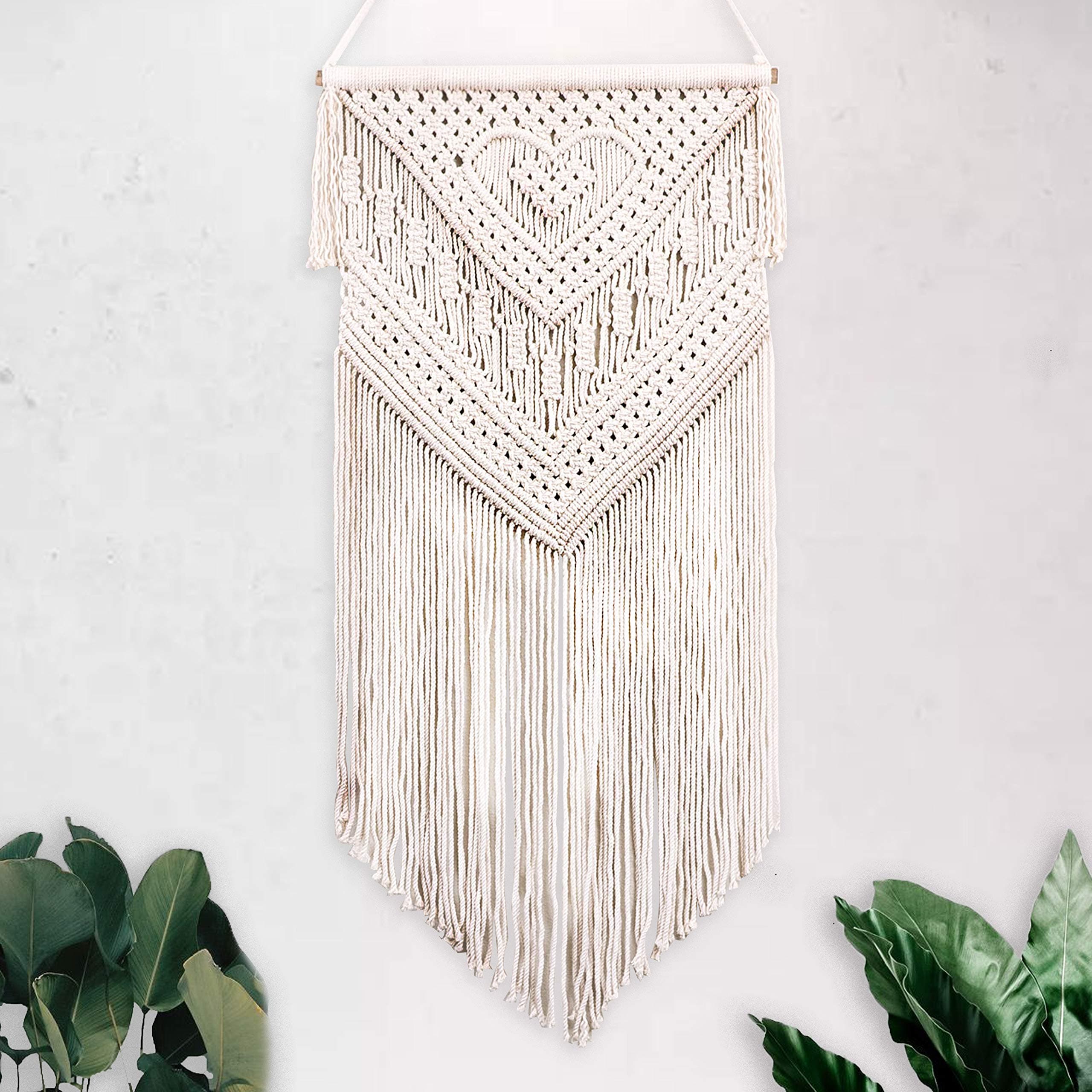 Macrame Wall Hanging Home Decor Art Size 16" X 35" - Woven Bohemian Boho Chic Beige Wall Decoration Tapestry for Nursery, House, Dorm Room, Apartment, Party, Wedding Decoration
