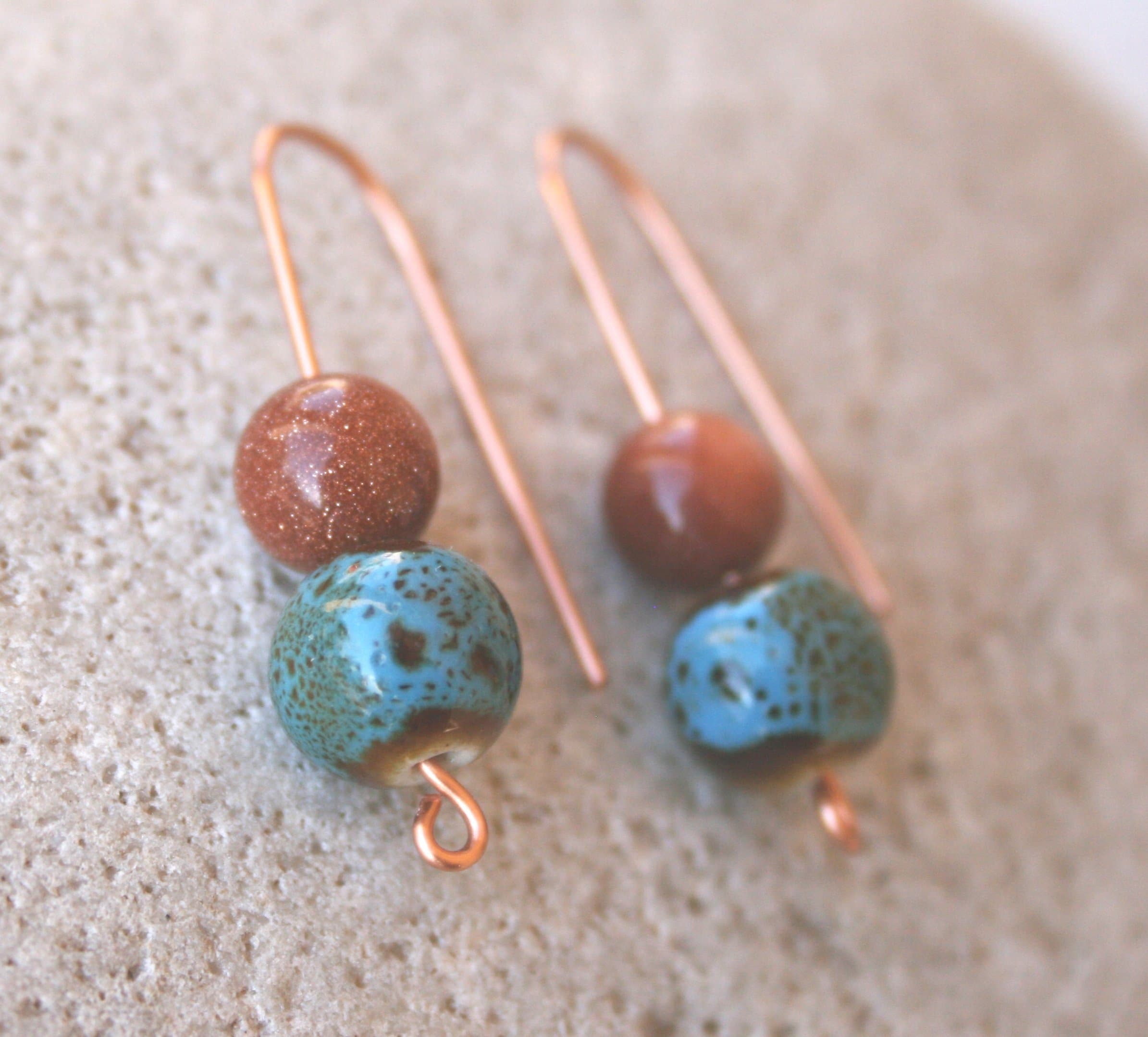Handmade Copper Wire Wrapped Drop Earrings Goldstone Ceramic Beads
