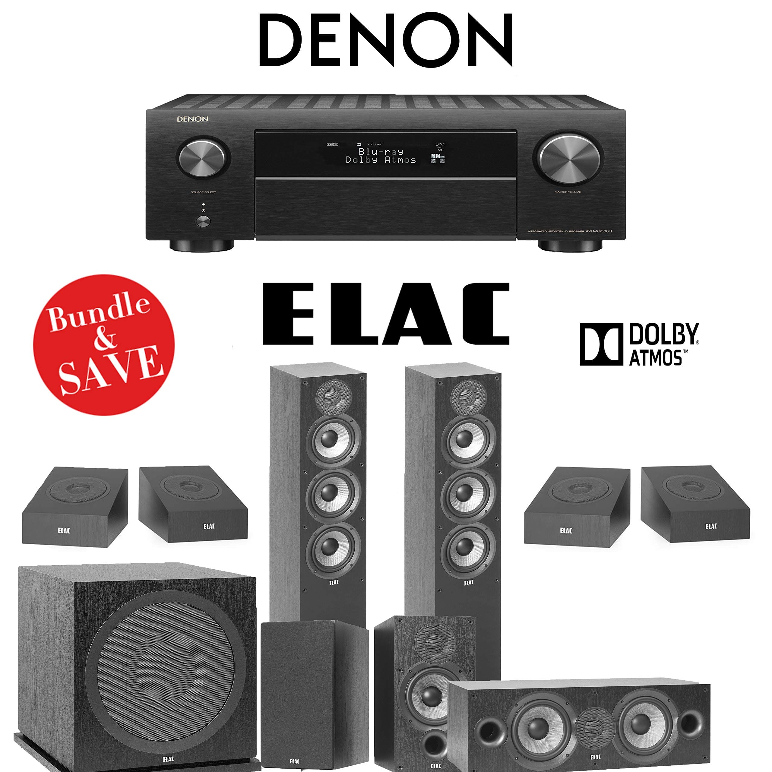 Elac F5.2 Debut 2.0 5.1.4-Ch Dolby Atmos Home Theater Speaker System with Denon AVR-X4500H 9.2-Channel 4K Network A/V Receiver
