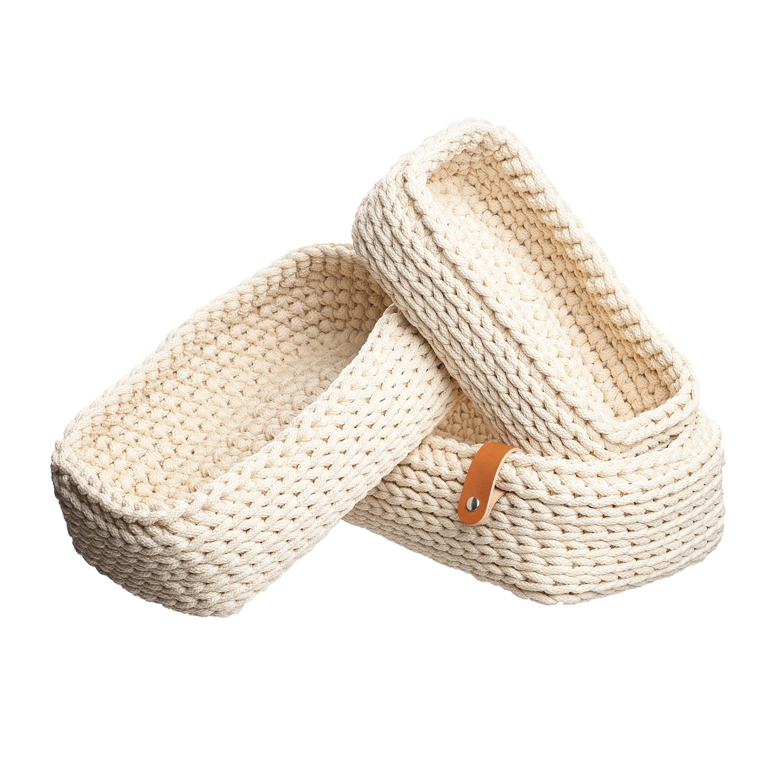 White Vanilla Crochet Nesting Set of 3 baskets Rounded rectangular W17xL30xH9 / W15xL27xH8 / W13xL24xH7 Handmade Storage baskets Home organizer Bathroom storage Table decor