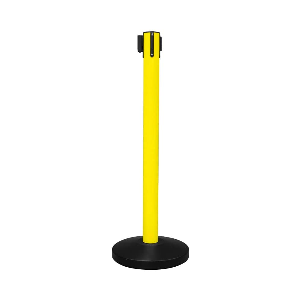 Berry Yellow Queue Barrier with 3Meter Yellow & Black Retractable Belt | Heavy Duty Steel Crowd Control Stanchion with Weighted Base | Belt Barrier for Queue Management in Events, Exhibitions