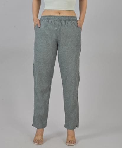 Qashida Women's Cotton Linen Pants, Regular Fit, Fully Elasticated, 2 Side Pockets