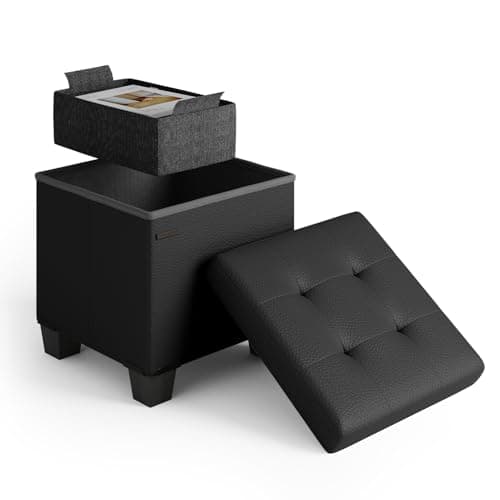 Storage Ottoman Cube with Small Bin, 16-in Square Ottoman with Storage for Living Room and Bedroom, Small Ottomans Foot Rest, Faux Leather Foot Stools Ottomans Max 330lbs, Black