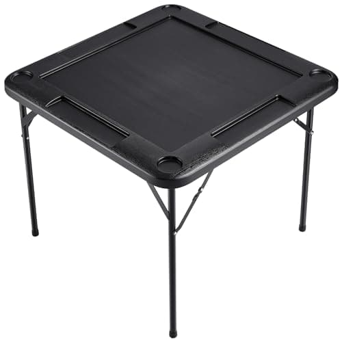 VEVOR Mahjong Table, Square 4 Player Folding Card Table with 4 Cup Holders & 4 Chip Trays, Portable Domino Game Table with 1 Set of Dominoes for Mahjong Poke Puzzles, 35.4 x 35.4-inch, Black
