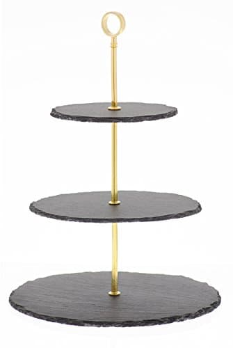 Natural Slate, 3 Tier Serving Stand, Sturdy Durable Fruit Cheese Dessert Display, Black Plates Gold Handles