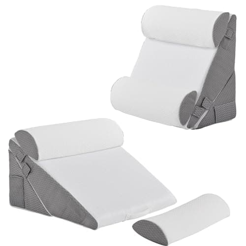 Bedluxe Adjustable 4pcs Bed Wedge Pillow Set, Memory Foam Wedge Pillow Post Surgery for Back, Neck, Leg Pain Relief, Pillow Wedge for Sleeping, Sitting up in Bed, Acid Reflux and GERD, White/Grey
