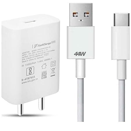 Original 44W Flash Type C Charger Adapter (Included Cable) Compatible with iQOO Z6/Z6 44W/Z6 lIte 5G/T1/Neo 6/Z7/Z7 Pro/V23/V23e/V23 Pro/V25/V25e/V25 Pro/V26/V27/Y35/Y73 (TEN210)