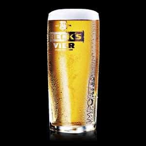 Becks Vier Pint Glasses "Square Shape" 568ml/20oz (Set of 4) + 4 Beer Mats