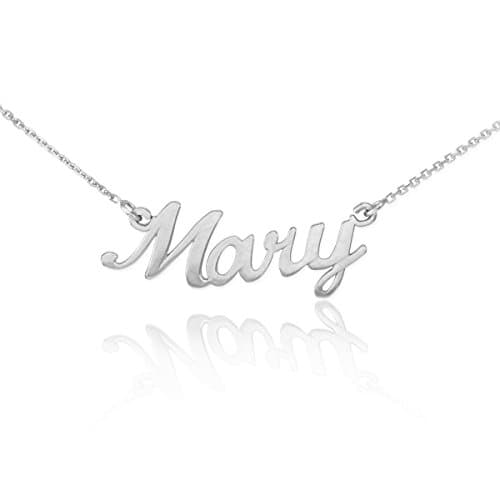 Dainty 14k White Gold Custom Personalized Script Pendant Mary Name Necklace with 20" Rolo Chain