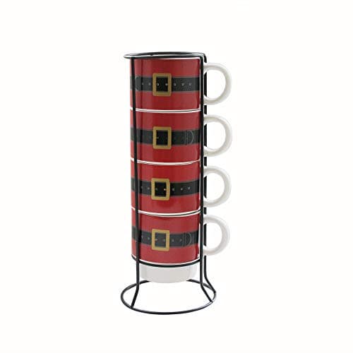 American Atelier Ceramic Mug & Rack Set – 4 Cups & Standing Metal Rack for Kitchen Countertop, Island, or Café Display – Gift for Tea & Coffee Lovers – Holiday Design, 14 oz, Santa's Belt