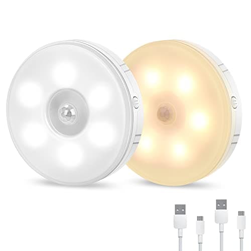 Tailcas Motion Sensor Lights Indoor, Two-Color Upgrade (Cold White/Warm White), USB Rechargeable LED Night Light with Auto/On/Off Modes, with Removable Magnet Sheet Stick-On Cupboard Lights, 2 Pack