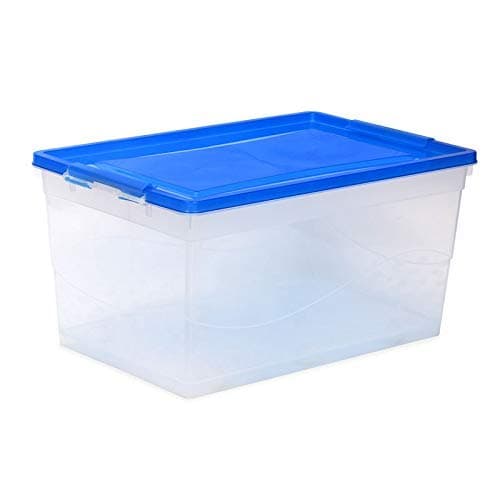 Nilkamal Plastic Stackable Storage Box with Wheels, 50 L, (White and Blue), Length (39 cms), Width (59 cms), Height (30 cms), Rectangular