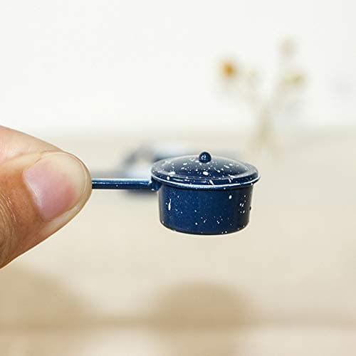 1/12 Scale Mini Blue Pots and Pans with Lids,Plate Fork Spoon Knife Mini House Kitchen Accessories, 20 Pcs