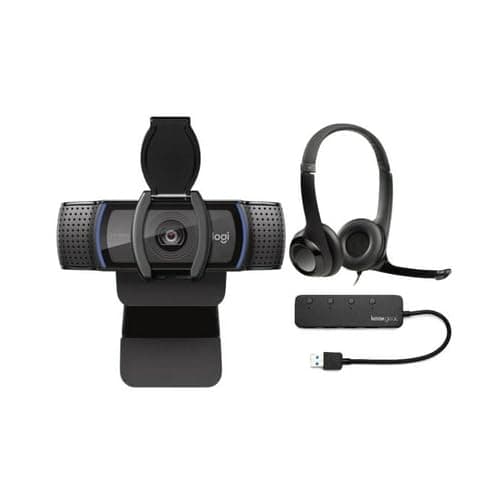 Logitech C920S Pro HD Webcam Bundle with H390 USB Headset with Noise-Canceling Mic and 4-Port USB Hub (3 Items)