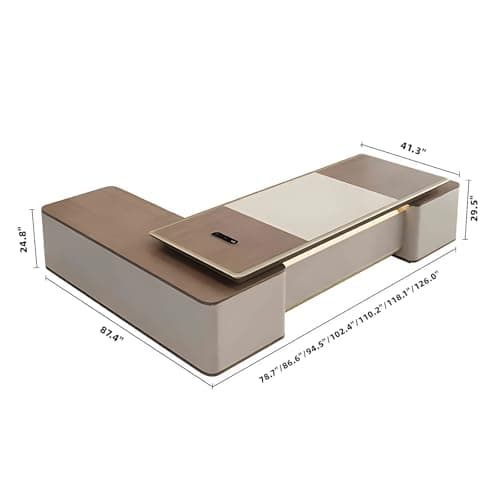 Executive Desk - Modern l Shape Office Desk with Light Strip, Corner Desk with Drawers & Fingerprint Multifunctional Plug Box, Suitable for Office (86.6")