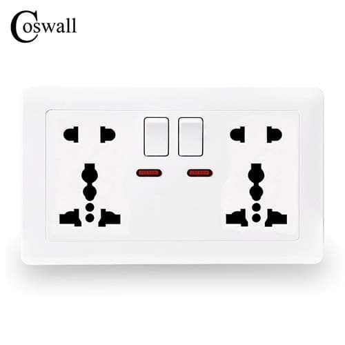 Wall Power Socket 13A 2 Gang Universal 5 Hole Switched Outlet With Red Neon Indicator White Color - (Type: Wall Socket, Rated Voltage: 110-250V, Color: White)