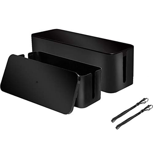[Set of 2] 2 Cable Management Boxes + 2 Wire Ties, Large Cord Box Organizers to Hold and Hide Power Strip Charger Adapter Power Cord Charging Station USB HUB (Black)