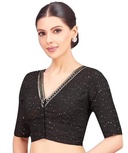 Studio Shringaar Women's Readymade Polyester Elbow Length Sleeves Saree Blouse with Mirror Work