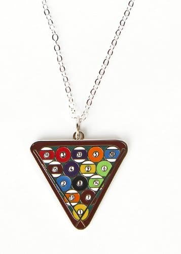 Billiards Pool Rack Stick and Pool Balls, Silver Polished Enamel Charm Pendant 18 Inch Necklace 1 Inch Extender Lobster Claw Clasp.