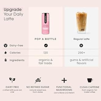 Pop & Bottle - Oat Milk Lattes with Lions Mane and Reishi | 12 Pack (8 oz) Caramel | MCT Oil, Single Shot Cold Brew, Mushrooms + More | Organic, No Dairy, No Gluten, Lightly Sweetened with Dates