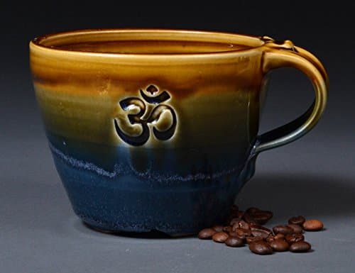 amber/blue glazed hand made mug with unique ohm pattern