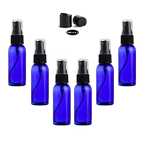 Cobalt Blue 2 Ounce PET (Plastic) Bottles Refillable (Set of 6) with 6 Black Fine Mister Spray Caps Plus 3 Bonus Disc-Tops