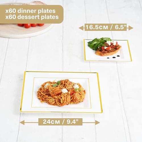 MATANA 360-Piece Reusable Square White Plastic Dinnerware Set with Gold Rim – 60 Dinner Plates, 60 Dessert Plates, 60 Bowls, 180 Reusable Gold Cutlery – Elegant Tableware for Events & Parties