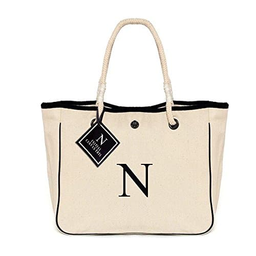 [ INITIAL - N ] Monogram Name Canvas Tote Shoulder Bag