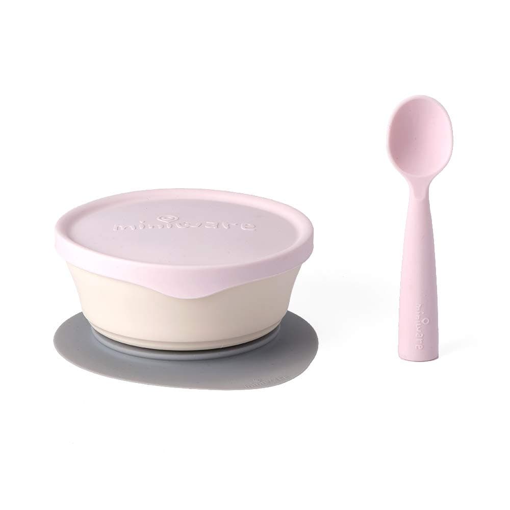 Miniware First Bites Set with Cereal Bowl, Detachable Suction Foot, and Training Spoon for Baby Toddler - Promotes Self Feeding | Eco-Friendly and BPA Free | Dishwasher Safe (Vanilla & Cotton Candy)