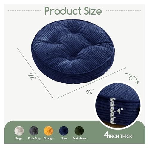 HIGOGOGO Washable Floor Pillow Cushion for Adults, Meditation Cushion Pillow, Large Round Floor Sitting, Removable Tufted Corduroy Cover, for Tatami Living Room or Yoga, 22x22 Inch, Machine Washable