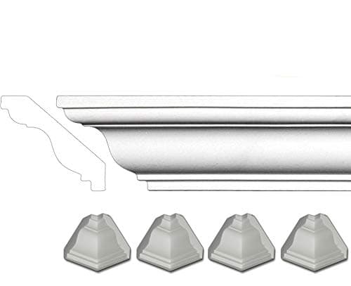 Polyurethane Crown Molding Manufactured with Dense Architectural Compound with 4 Matching Inside Corners. Breadth 3". 6 pcs. Total Length 47 ft.