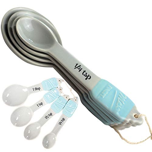 Sparrow Decor Mason Jar Ceramic Measuring Spoons - Rustic Farmhouse Kitchen Measuring Spoon Set Includes Tablespoon, Teaspoon, More - Beautiful Ceramic Nest Together (Blue)