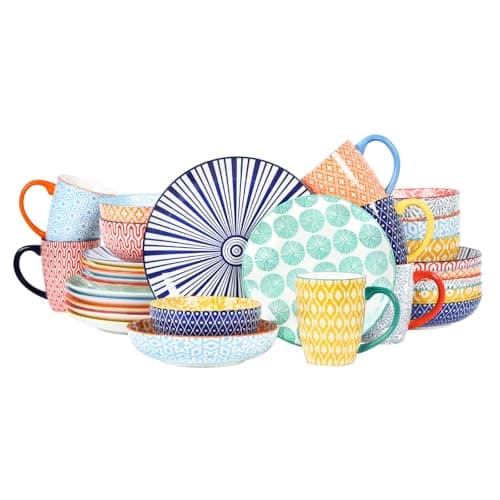 Selamica 30-Pieces Ceramic Dinnerware Sets for 6, Scratch Resistant Plates and Bowls Sets, Microwave and Dishwasher Safe, Assorted Colors A