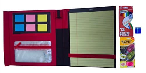 Folder Trifolding Design,Includes Pencil Sharpener, Note Pad and Sticky Notes , Storage Areas, Zipper Pouch, Clear Pockets , Twelve Colored Pencils, Two Highlighter Tapes And Eraser