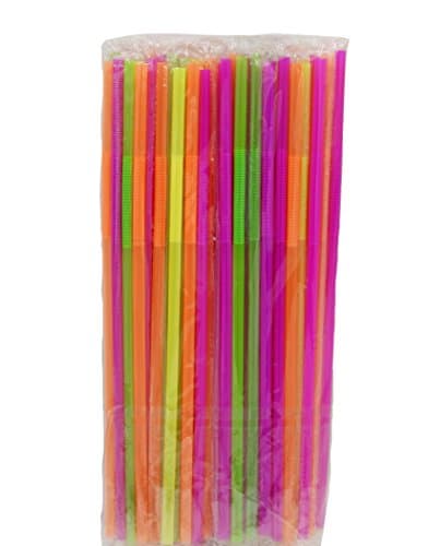 PE Art10 Wrapped- 100 Bendable and Flexible Neon Assorted Straws Wrapped, 0.1" Height, 0.2" Width, 10" Length (Pack of 100)