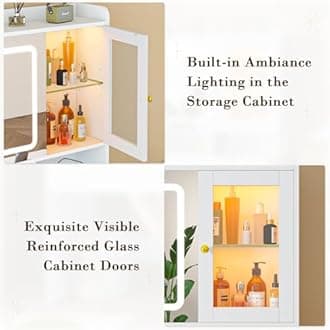 CSZZD Vanity Desk with Mirror and Lights, White Makeup Vanity Desk with Charging Station, Dressing Table with Storage Drawers, RGB Cabinets and Hidden Jewelry Rack for Bedroom, 3 LED Light Modes