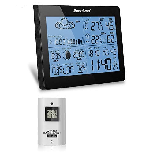 Excelvan Wireless Thermometer Hygrometer Weather Station Forecast Moonphase Temperature Humidity Tester Clock Alarm Indoor Outdoor Sensor Ice Alert Black