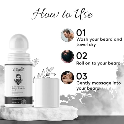 VELLASIO Beard Growth Roll On, 100% Organic All Natural Beard Oil Blend for Thicker, Fuller, and Healthier Beards | Softness and Nourishment Beard Oil - 50 ml/1.69 fl.oz