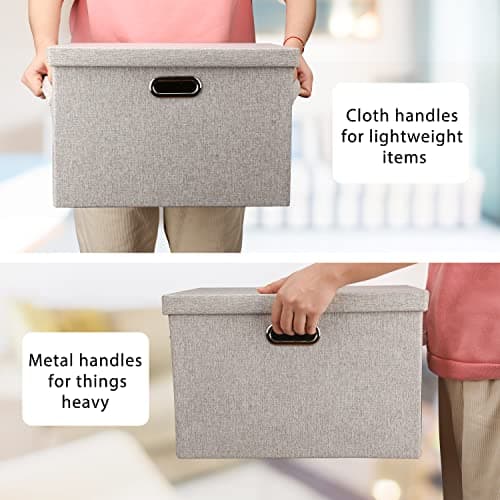 Large Quart Collapsible Stackable Storage Bins with Lids, 3 Packs Beige Linen Fabric Closet Boxes with Lids, Storage Cube Baskets Container Organizers for Bedroom Office(16.6 x 11.7 x 10.8)