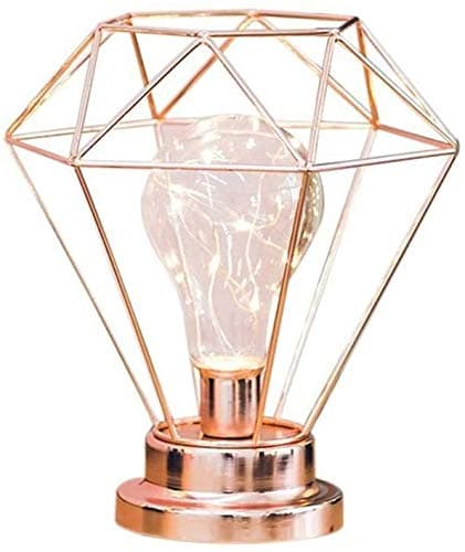 Diamond Iron Table Lamp, Iron Bulb Night Light Nordic Bedside Table Lamp with Battery Operated Decorative Lighting for Bedroom, Living Room, Bar, Hotel (Rose Gold)