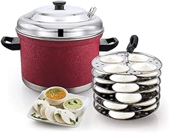 Stainless Steel Idli Cooker with 6 Plates | Idli | Bakelite Handle | Gas Stove and Induction Compatible | Kitchen Accessories (RED), 3 liter