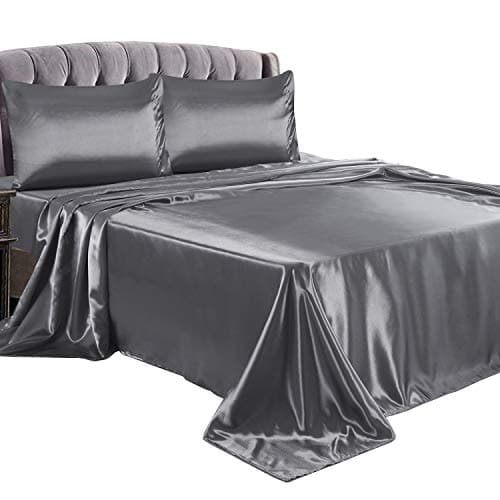 LITHER King Size Satin Sheets Set Grey, Deep Pockets Fitted Sheet, Silky and Breathable Luxury Bed Sets