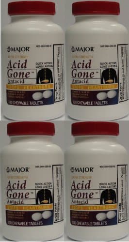 Acid Gone Antacid Chewable Generic for Gaviscon Extra Strength Chewable Tablets 100 Ct. Per Bottle Pack of 4 Bottles Total 400 Tablets by Major Pharmaceuticals