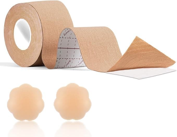 Microfiber Knee Support Tape, Glue-Free Adhesive, Athletic Knee Support (Full Size) with Bra Patches Beige and Black