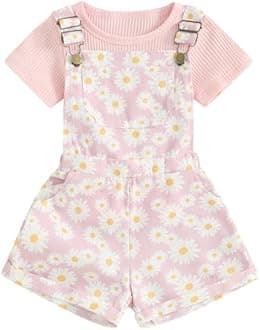 Toddler Baby Girl Overalls Romper Outfit Kids Ruffle Sleeve Tops T-Shirt + Floral Suspender Pocket Shorts Clothes Set
