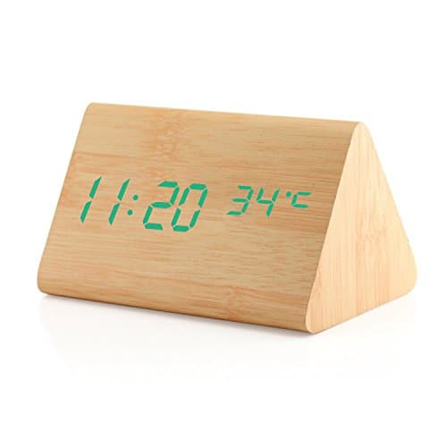 Dual power Multi-function Wooden LED Alarm Clock with Temperature display ,Triple intelligent alarm, Sound-control screen (Bamboo)